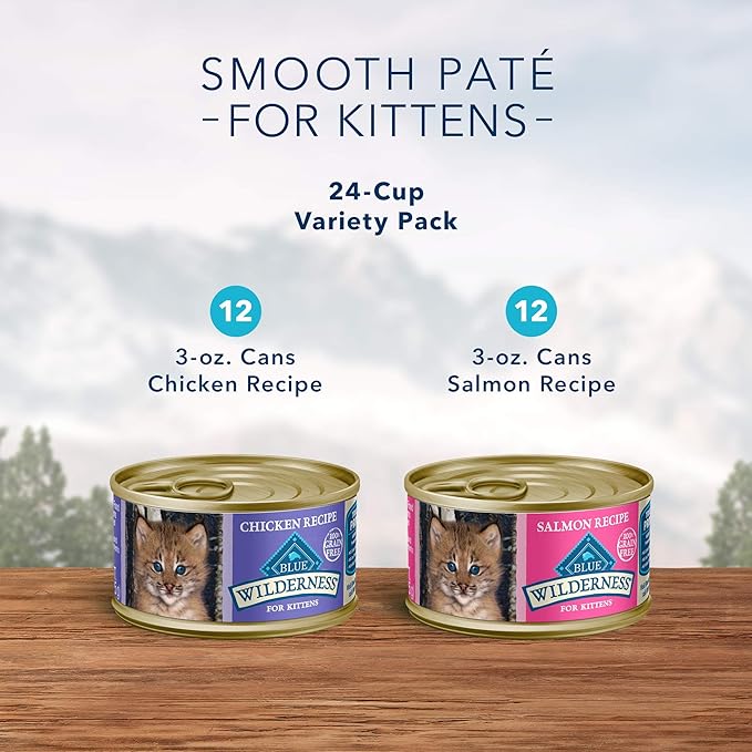 Blue Buffalo Wilderness High Protein Grain Free, Natural Kitten Pate Wet Cat Food Variety Pack, Chicken, Salmon, 3-oz Can, 24 Count