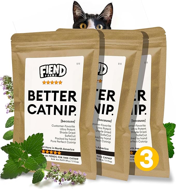 Fiend Three (3 Count) Catnip Safety-Cut 100% Pure Potent Fine Cat Nip for Cats & Kittens – Bulk Refill Rescue Pack 1⅛ Cup (38g) – Ultra Potent, North American – Go Ahead, Create a Monster!