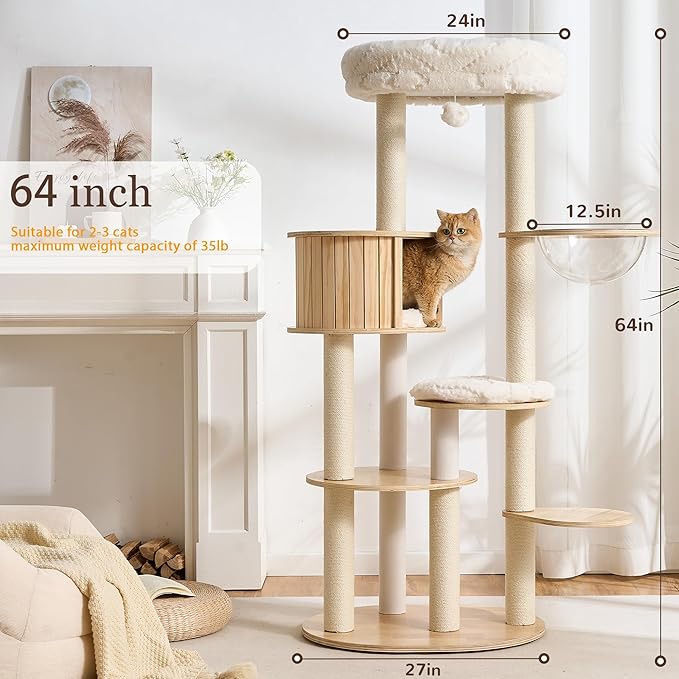 Solid Wood Cat Tree Tower with Scratching Post, 61 inch Multi-Level Cat Towers with Large Soft Cloud-Like Bed, Modern Cat Tower with Wood Spacious Condo with Removable Cushion for Indoor Cats