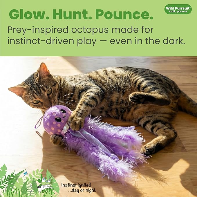 Catstages Glow N' Pounce Octopus Kicker Cat Toy with Catnip, Glows in the Dark, Loop for Wand Attachment