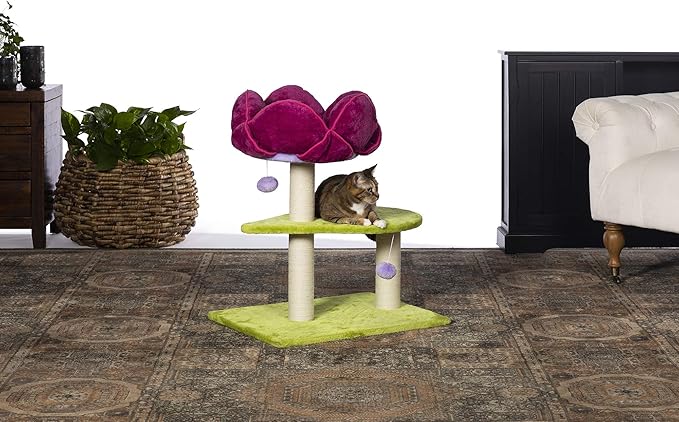 Prevue Pet Products Flower Garden Cat Tree - Multi-Level Indoor Cat Tower with Scratching Posts, Includes Hanging Toys and Play Areas, Plush Bed & Scratching Posts - Green and Pink