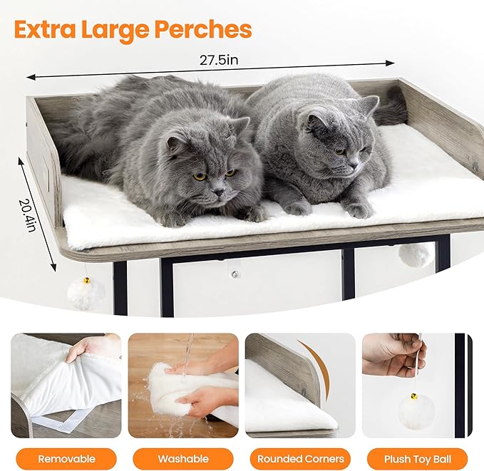 Wood Modern Cat Tree Tower for Indoor Large Cats,48-Inch Tall Wooden Cat Trees with Big Perch Bed, Multi-Level Condo with Scratching Board and Posts, Removable Pads, Cat Furniture, Greige