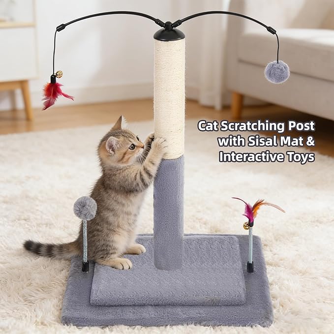 YUNIQUE Cat Scratching Post with Sisal Rope, Small Cat Tree with Dangling Balls & Feather for Kittens (Grey, 20.9)