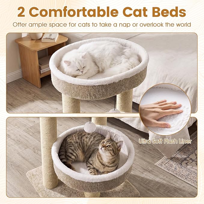 PETSITE 24-inch Small Cat Tree, Multi-Level Modern Cat Tower with Scratching Posts, 2 Comfy Cat Beds, and Interactive Hanging Ball, Ideal for Indoor Cats and Kittens (24-inch Tall)