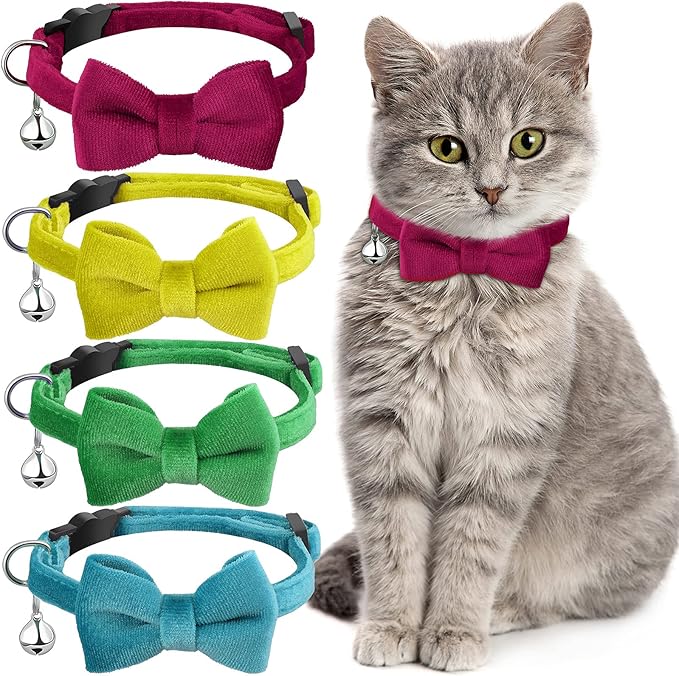 4 Pieces Cat Bow Tie Collar with Bell Breakaway Cat Comfortable Velvet with Cute Safety Pet Collar for Pet Kitten Puppy(Small,Yellow, Green, Rose Red, Blue)