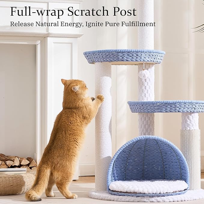 Wood Modern Cat Tree for Large Cat, 46" Tall Cat Tower with Scratching Posts, Cat Condo, Aesthetic Multi-Level Cat Climbing Tree with Hand-Woven Bed for Adult Indoor Cats-Blue