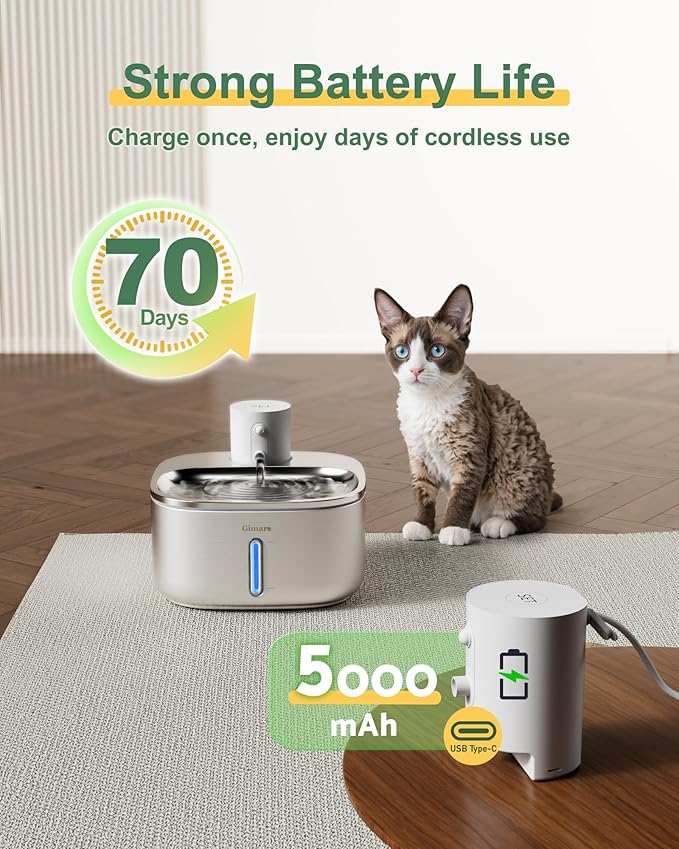 Gimars Wireless Cat Water Fountain Stainless Steel,108oz/3.2L Pet Water Fountain with Motion Sensor for Cats and Dogs, 5000mAh Battery Operated,Ultra Quiet Cat Drinking Fountain with 2 Filters