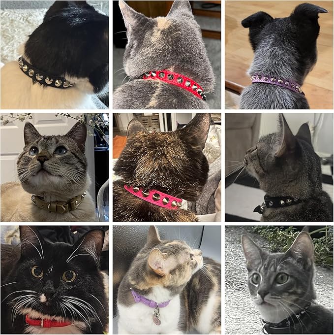 Leather Cat Collars for Boy Girl Cats with Bell and Safety Elastic Belt, Personalized Rivets Stud Adjustable Safe Buckle Collar with Skull Charm for Kitty Small Pets, Red