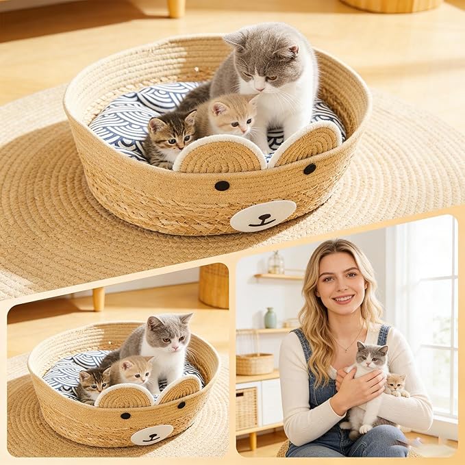 2pcs Weaving Cat Nests, Safe and Secure Pet Nest, 35x35x13cm, Cute Pet Bed for Indoor Cats Couch, Cat Bed Basket, Stylish and Functional Pets Furniture, for Lounging, Napping, Or Hiding