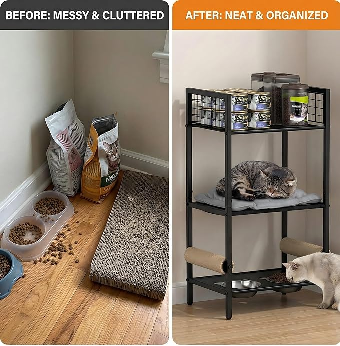 Cat Feeding Station Furniture with Scratching Post, 3-Tier Cat Food Organizer & Storage, Raised Feeding Stand with 2 Stainless Steel Bowls, Space-Saving Cat Shelf for Small Spaces, Black