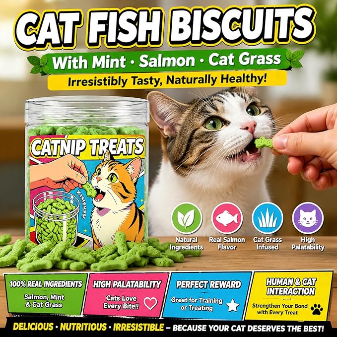 Catnip Cat Treats - Mint Flavor Crunchy Biscuits for Dental Health, Made with Real Fish in a 6oz Resealable Jar