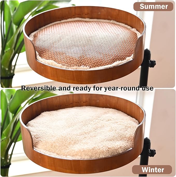 Cat Desk Bed - 360° Rotating & Adjustable Wooden Perch with Washable Pet Mat, Space-Saving Hammock for Home Office/Computer Desks (Wood)