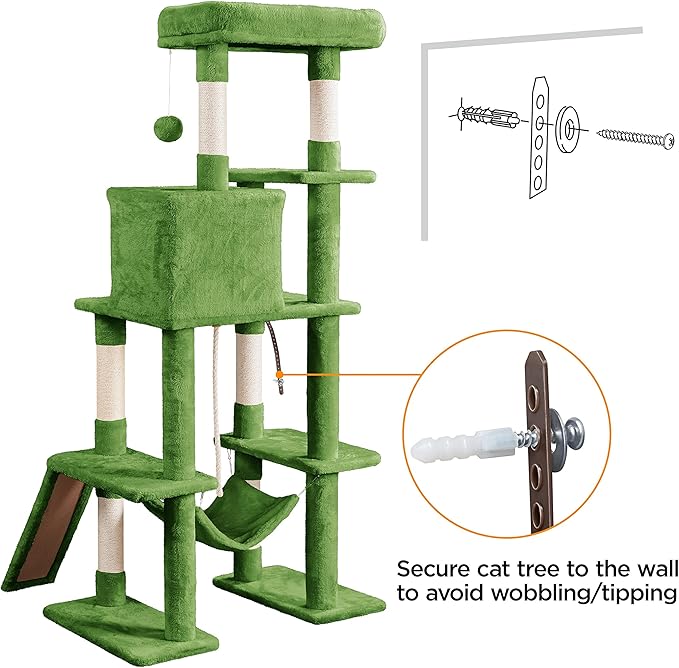 Topeakmart 63in Cat Tree Cat Climbing Tower, Cat Activity Center w/Scratching Post Cozy Condo House Spacious Platform for Indoor Cats, Green