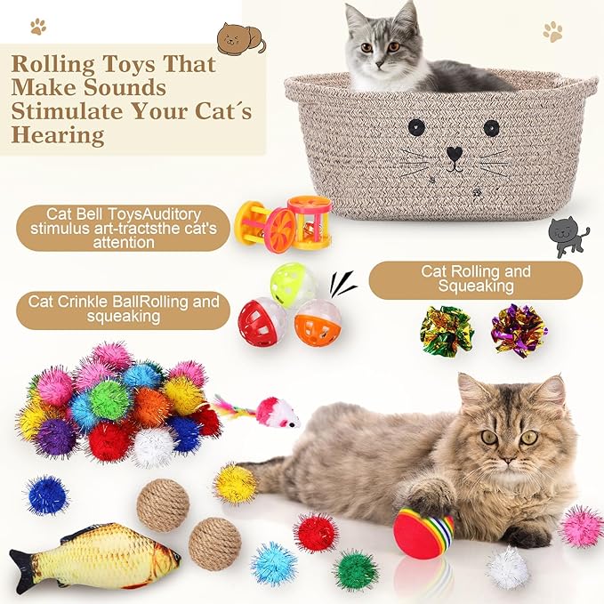 Zopeal 58 Pcs Summer Graduation Cat Storage Basket Gift Toys Set, Colorful Flashing Balls Pet Bell Crinkle Balls Spring Toys Attract Cat to Swat, Hunt, Interactive for Pet(Dark Brown,12 Inch)