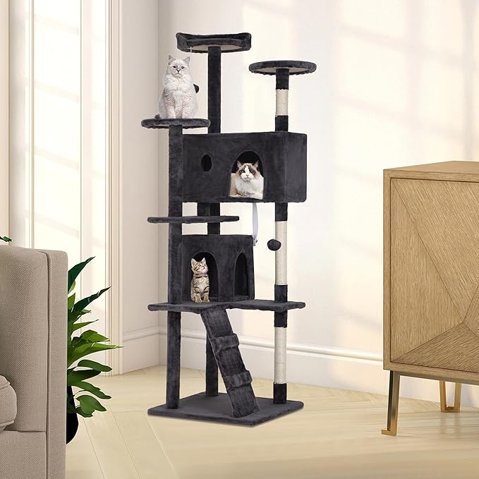70 Inch Cat Tree Tower - Multi-Level Kitten Condo with Scratching Post, Plush Perch, Dangling Ball - Heavy Duty for Large Cats - Dark Grey