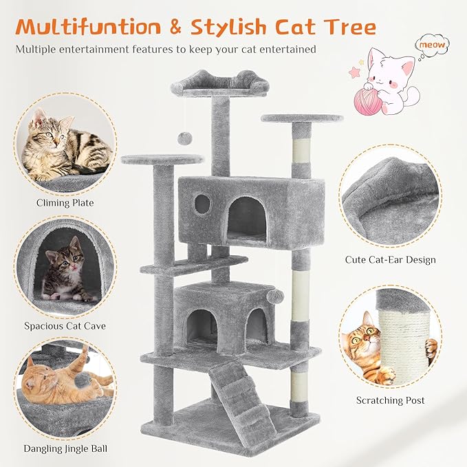 54 Inch Cat Tree, Multi-Level Cat Tower with Condo, Sisal Scratching Posts and Climbing Ladder, Play Toy Balls House for Indoor Cats, Light Grey