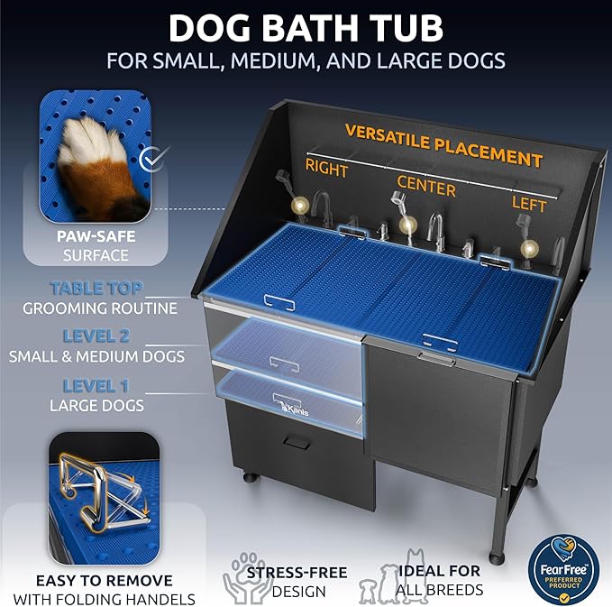 KANIS Professional Dog Washing Station 304 Stainless Steel Pet Wash Sink & Grooming Bathtub w/Shower, Floor Grates and Storage for Large, Medium & Small Pets (Black, 50 Inches, Right Ramp, 1 Drawer)