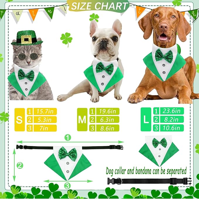 St.Patrick's Day Dog Costume 3Pack Puppy Bandana Top Hat Green Shamrock Bow Tie Collar Adjustable Pet Scarf Formal Tux Clothes Irish Tuxedo Outfits for Dogs Cat Dress (3Pcs Irish Hat Tux Bow, Small)
