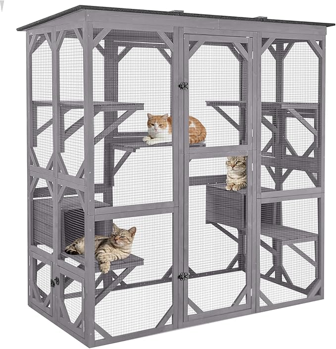 Aivituvin Catio Outdoor Cat Enclosure with 7 Platforms, 2 Resting Boxes, Large Window Cat House for 6-8 Mulitiple Cats Walk in Kitty Cage with Weatherproof Tarp Roof 71"