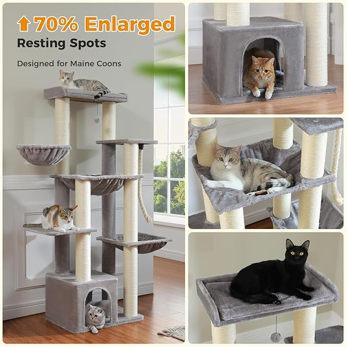 67" Heavy Duty Cat Tree for Indoor Cats Large Adult, XXL Cat Tower with 8 Thick Scratching Posts (φ4.3), Large Perch, Spacious Condo & Big Hammock - for Maine Coon up to 20 lbs, Grey