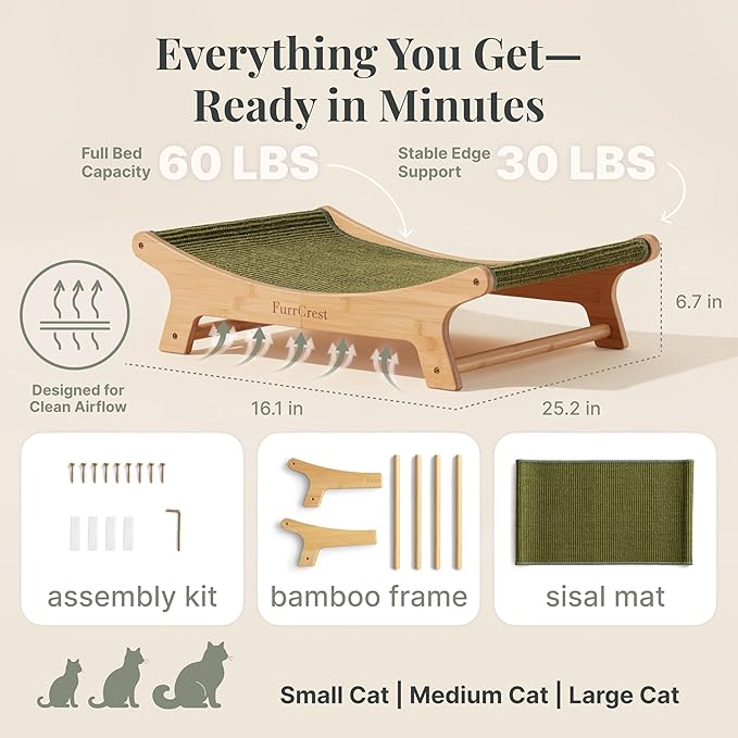 XL Sisal Cat Scratcher Bed with Elevated Hammock for Indoor Cats, Replaceable Natural Sisal Pad, Large Cat Lounge, Anti-Slip No-Wobble Bamboo Frame, Olive Green