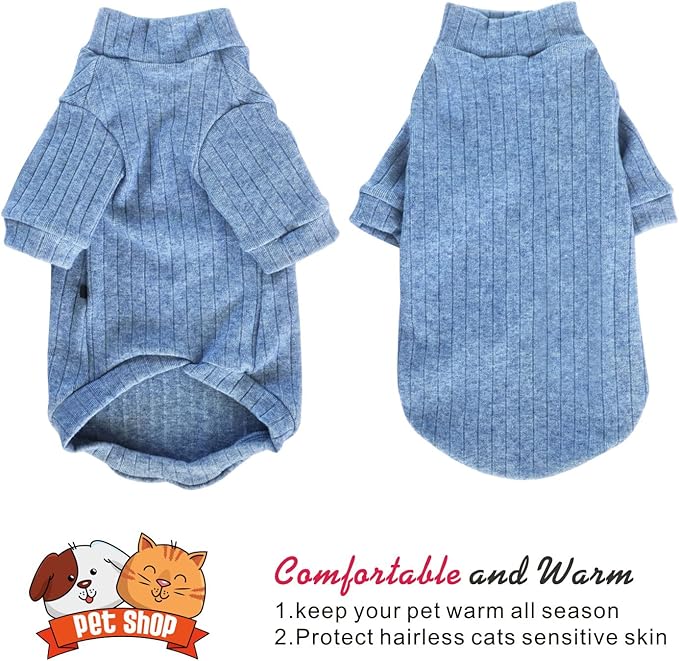 Idepet Sphynx Hairless Cats Sweater Shirt Kitten Soft Puppy Clothes Pullover Cute Cat Pajamas Jumpsuit Cotton Apparel Pet Winter Turtleneck for Cats and Teacup Chihuahua Small Dogs(Blue,L)
