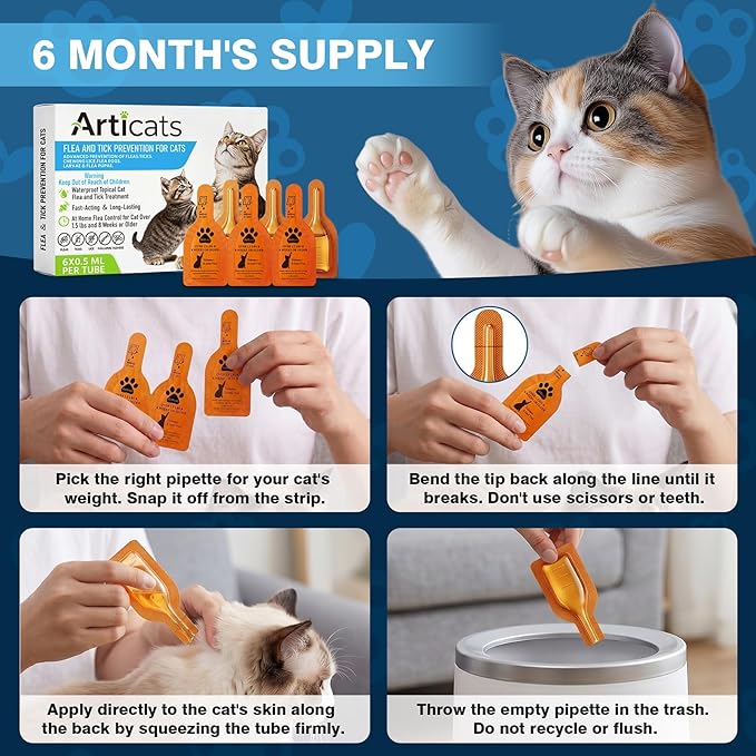 Flea and Tick Prevention for Cats & Kittens, Topical Cat Flea and Tick Treatment – Fast-Acting & Long-Lasting 6-Dose Supply