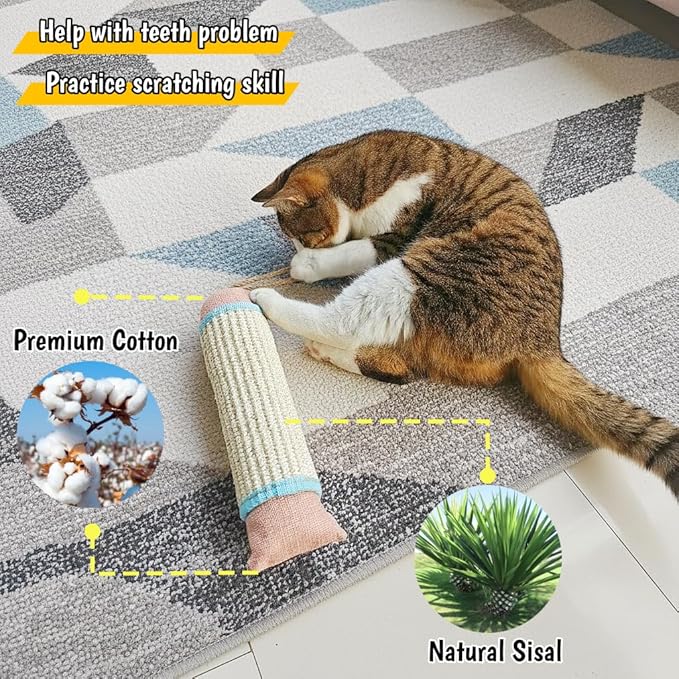 Interactive Cat Kicker Toy, 10 Inch Long Catnip Cat Scratcher Post, Natural Sisal Toy for Indoor Cats(Pink and Blue)