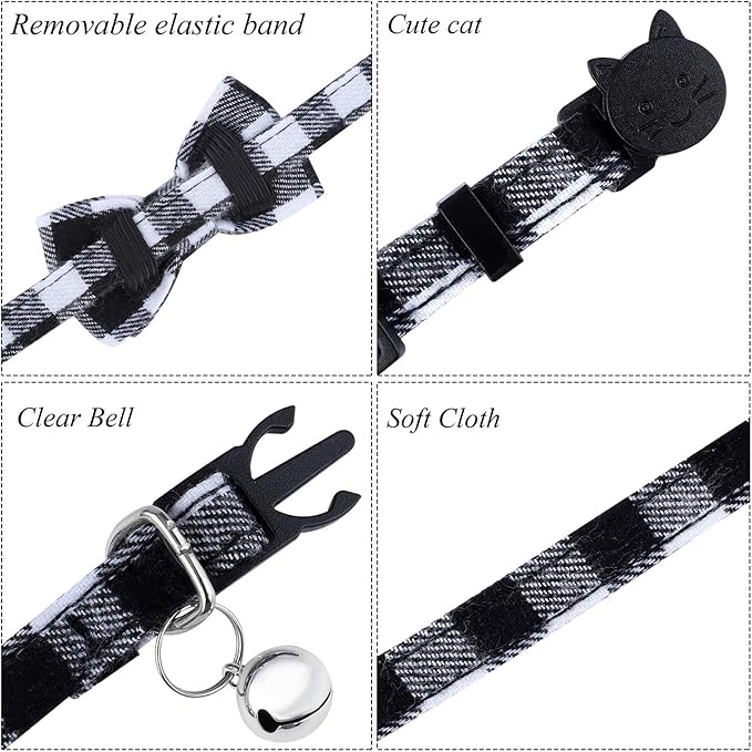 ADXCO 4 Pack Plaid Cat Collars with Bow Tie, Quick Release, Breakaway, Anti-Lost Tags