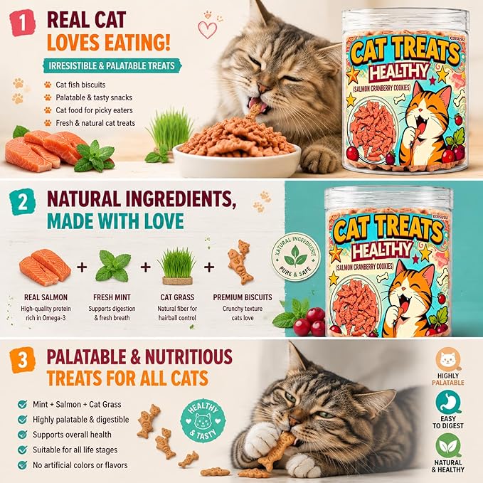 Salmon & Cranberry Cat Treats with D-Mannose - Urinary Tract Support for Indoor Cats, Crunchy Dental Health Snacks in 6oz Resealable Jar