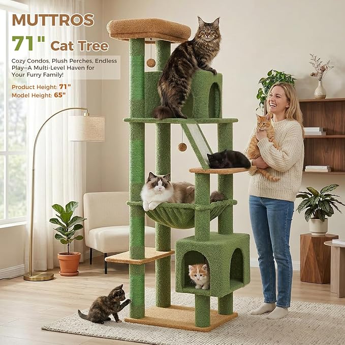 MUTTROS 71” Cactus Cat Tree for Large Cats, Extra Stable Tall Cat Tower with Oversized Hammock, 2 Condos, Sisal Scratching Posts, Vertical Multi-Level Cat Tree for Indoor Multi-Cat Homes