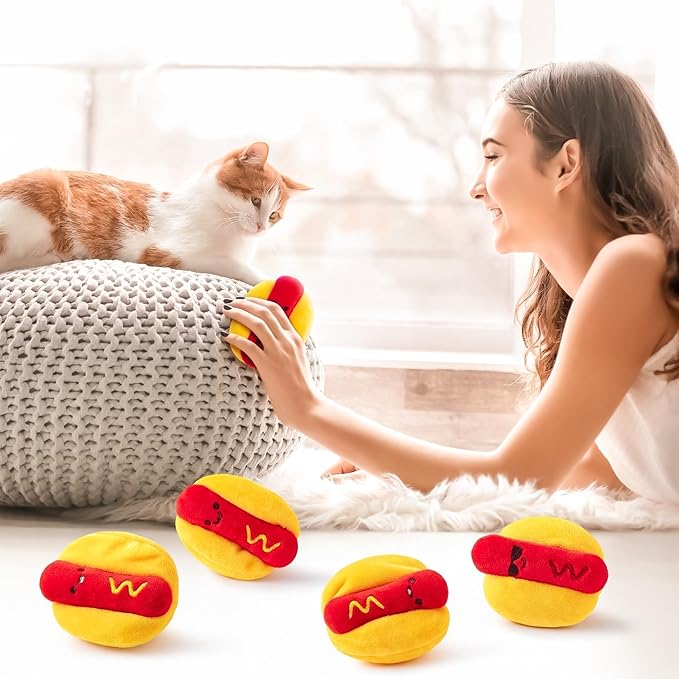 L1rabe Hot Dog Catnip Stuffed Toys for Cats - 5Pcs Pet Days Funny Kitten Toys Indoor Yellow Interactive Pet Supplies, Kitten Chew Bite Tools Cat Lovers Gifts, Organic Eco-Friendly Birthday Present