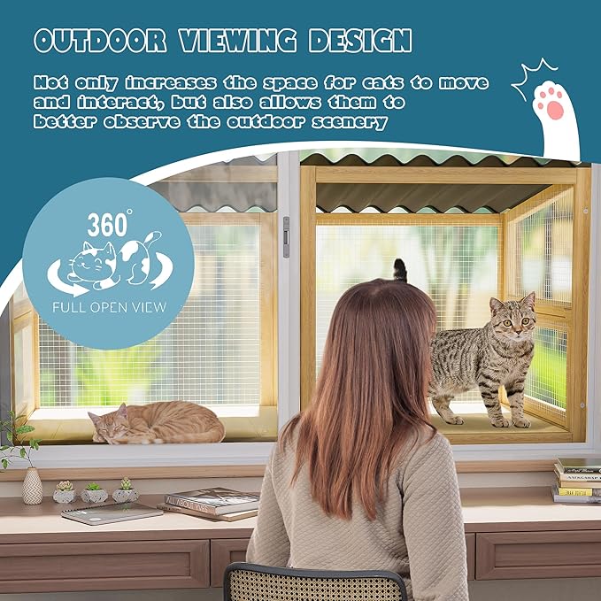 Cat Catio, Cat Window Box for Multiple Indoor Cats, Catio Pet Perch with Metal Mesh Locking Side Door, Wooden Enclosure Window All Weather Use 360° Enjoying Outdoors (Original Wood, Large)