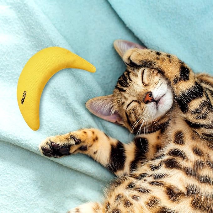 Sotiff 4 Pieces Catnip Toys Yellow Banana Cat Chew Catnip Toys Kitten Interactive Toy Reliable Catnip Filled Cat Toys for Indoor Cats Kittens Chewing Biting Grinding Claw 4 Count Pack of 1