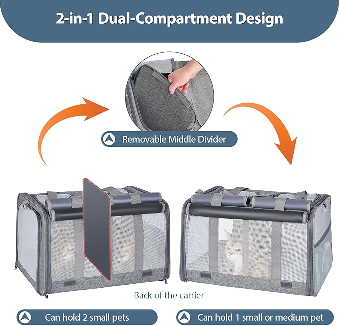 Lawfery Cat Carrier for 2 Cats, Large Soft-Sided Pet Travel Carrier, Dual Compartments, Privacy Protection, Dog Carrier for Small/Medium Dogs, Home & Outdoor Use