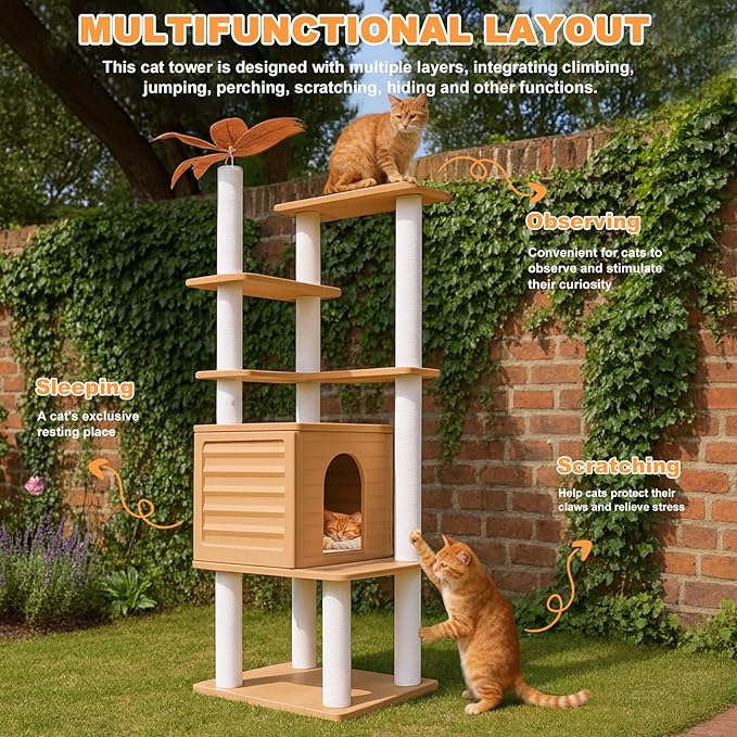 63 Inches Tall Cat Tree for Outdoor and Indoor Cats, Weatherproof Large Cat Condo with Scratching Posts