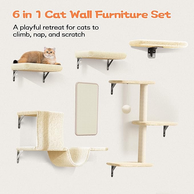 6-in-1 Wall Mounted Cat Climber Set for Heavy Cats,Wall Shelves,Stable & Safe Cat Furniture Set for Large Cats, Wooden Climbing Wall with Scratching Post (White)