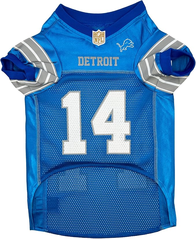 Pets First NFLPA Amon-RA ST Brown Jersey #14, NFL Dog Shirt, Detroit Lions Mesh Jersey, Size Small
