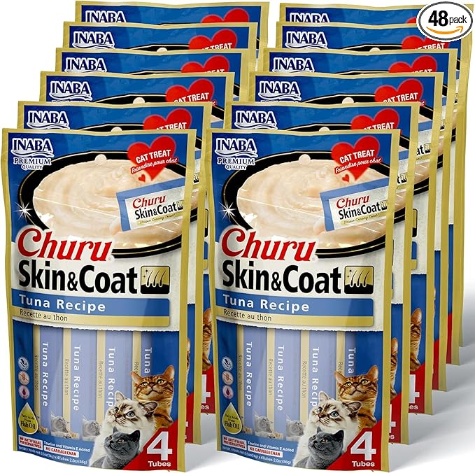 INABA Churu for Skin and Coat Lickable Purée Natural Cat Treats with Omega Oils, Taurine and Green Tea, 0.5 Ounces Each - Tuna Recipe (48 Tubes)