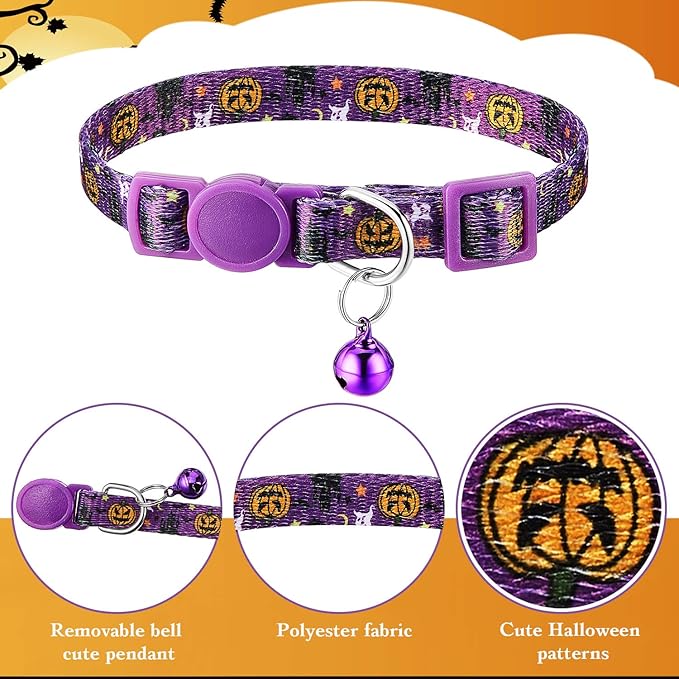 Weewooday 6 Pcs Halloween Cat Collar, Breakaway Cat Collars with Bell, Safety Buckle Soft Adjustable Halloween Pet Collar with Pumpkin Ghost Patterns for Kitten Kitty Male Female Pet