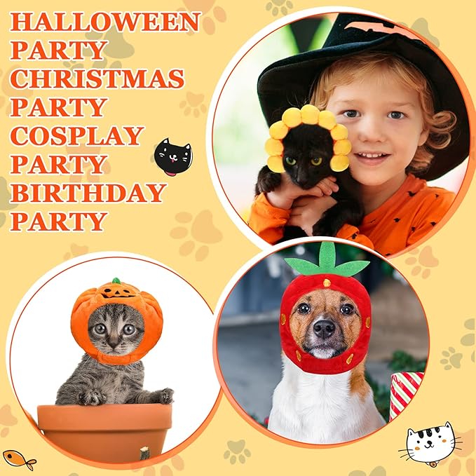 10 Pcs Cat Costumes - Bunny, Bear, Lion, Fruit Shaped Hat - Adjustable Accessory Headwear for Small Dog, Kitten, Puppy - Pet Festival Birthday Theme Party Photo Prop