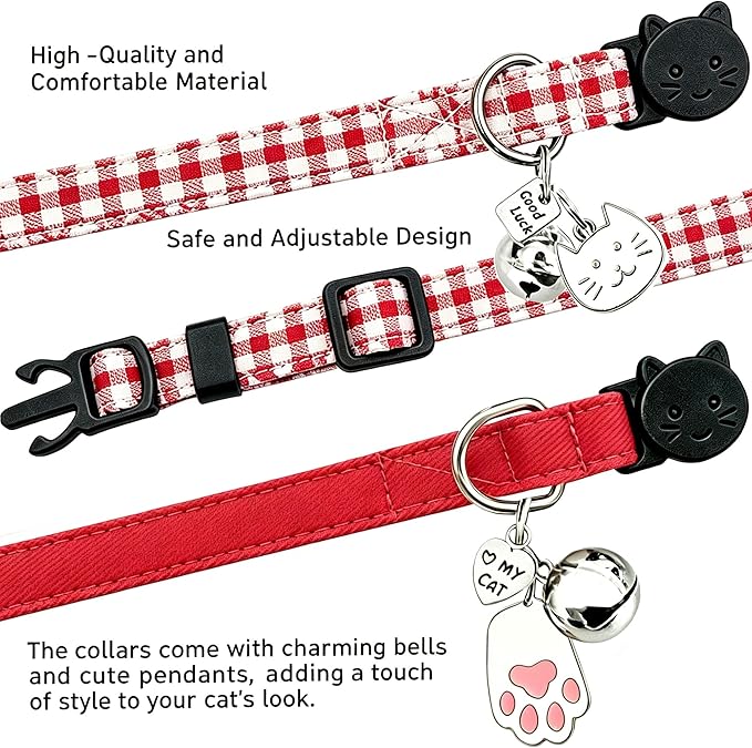 2 Pack Cotton Breakaway Cat Collars with Bell and Charms Red Solid Plaid Safety Collars for Girl Boy Cats, Cat Head and Paw Pendant Cute Kitten Collars