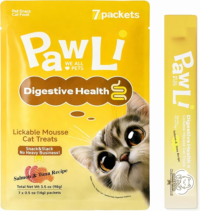 PAWLI Digestive Health Lickable Cat Treats, Squeeze Cat Treats for Sensitive Stomach & Gut Health, Cat Treats for Digestion Support, Grain-Free, 7 Count (3.5 oz Total)