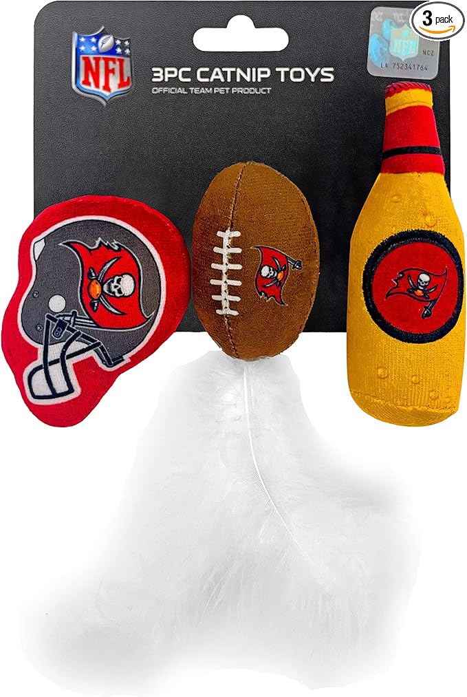 BEST PLUSH CAT TOY - NFL TAMPA BAY BUCCANEERS Complete Set of 3 piece Cat Toys filled with Fresh Catnip. Incld: 1 Helmet Cat Toy, 1 Football Cat Toy with Feathers & 1 Beer Bottle. Beautiful Team LOGOS
