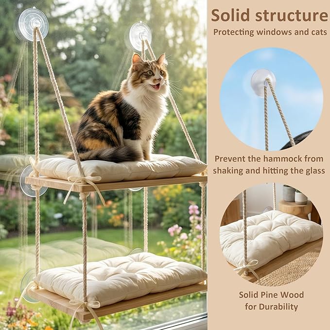 Loscarol Cat Window Perch for Large Cats, Double Layer Wooden Feline Hammock Seat with Heavy Duty Suction Cups, Easy Assembly Sill Ledge Bed for Multiple Kitties, Indoor Sunbathing Lounger