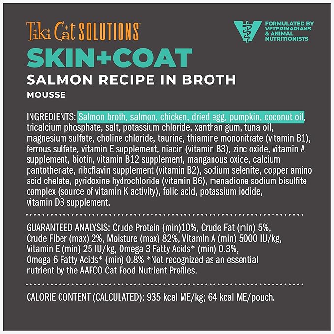 Tiki Cat Solutions Mousse Skin & Coat Mousse, Salmon Recipe, Specially Formulated with Omega Fatty Acids, Functional Wet Cat Food for Adult Cats, 2.4 oz. Pouch (12 Count)