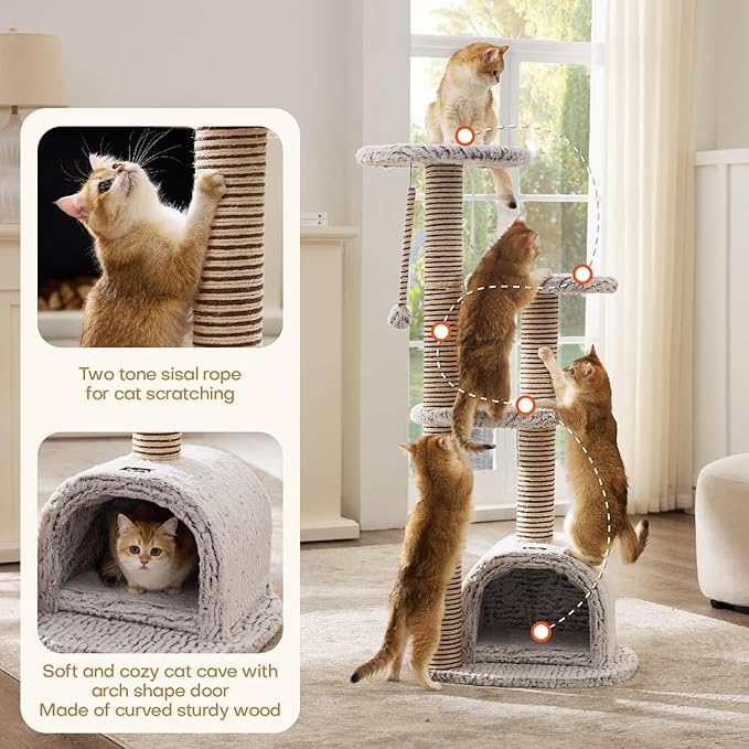 Cat Tower, Cat Tree Tower with for Indoor Cats, Condo with Spacious Elevated Perches, Scratching Posts, Cozy Cave, Dangling Toy Ball, Pet House Furniture for Indoor Kittens & Large Adult Cats.