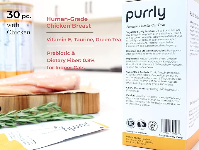 Purrly Lickable Wet Cat Treats Creamy Purée Human-Grade Chicken Breast with Prebiotic and Dietary Fiber for Digestive Health (30 Count) Non-GMO No-Grains No-Artificial-Additive All Ages Low-Phosphorus