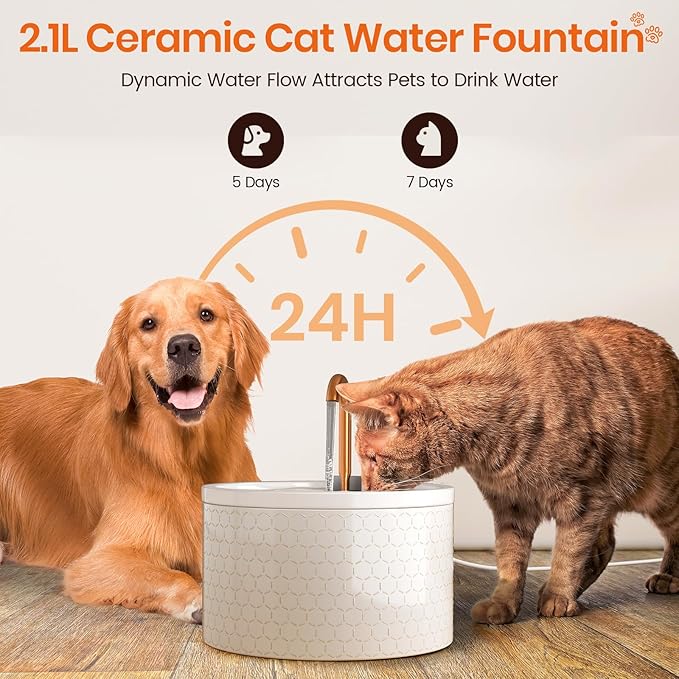 MISFANS Ceramic Cat Water Fountain - 2.1L/71oz - Honeycomb Embossed All-Ceramic Body & Pure Copper Spout - Non-Toxic & Automatic Pet Drinking Fountain Indoor with Ultra-Quiet Pump, 3 Filters & Sponge