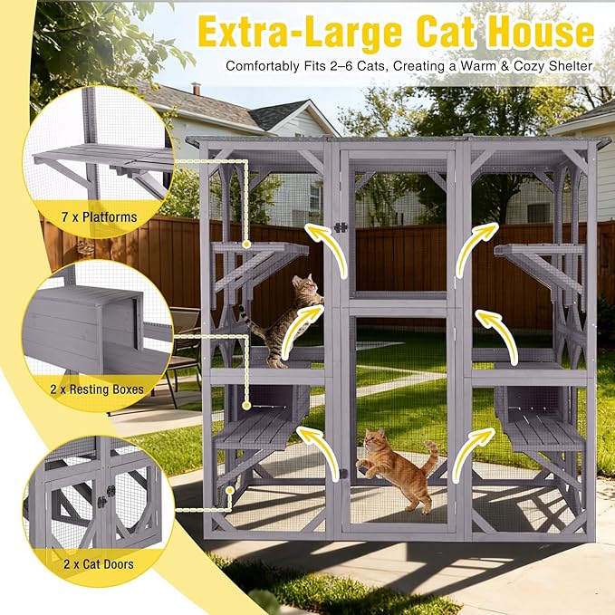 Aivituvin Catio Outdoor Cat Enclosure with 7 Platforms, 2 Resting Boxes, Large Window Cat House for 6-8 Mulitiple Cats Walk in Kitty Cage with Weatherproof Tarp Roof 71"